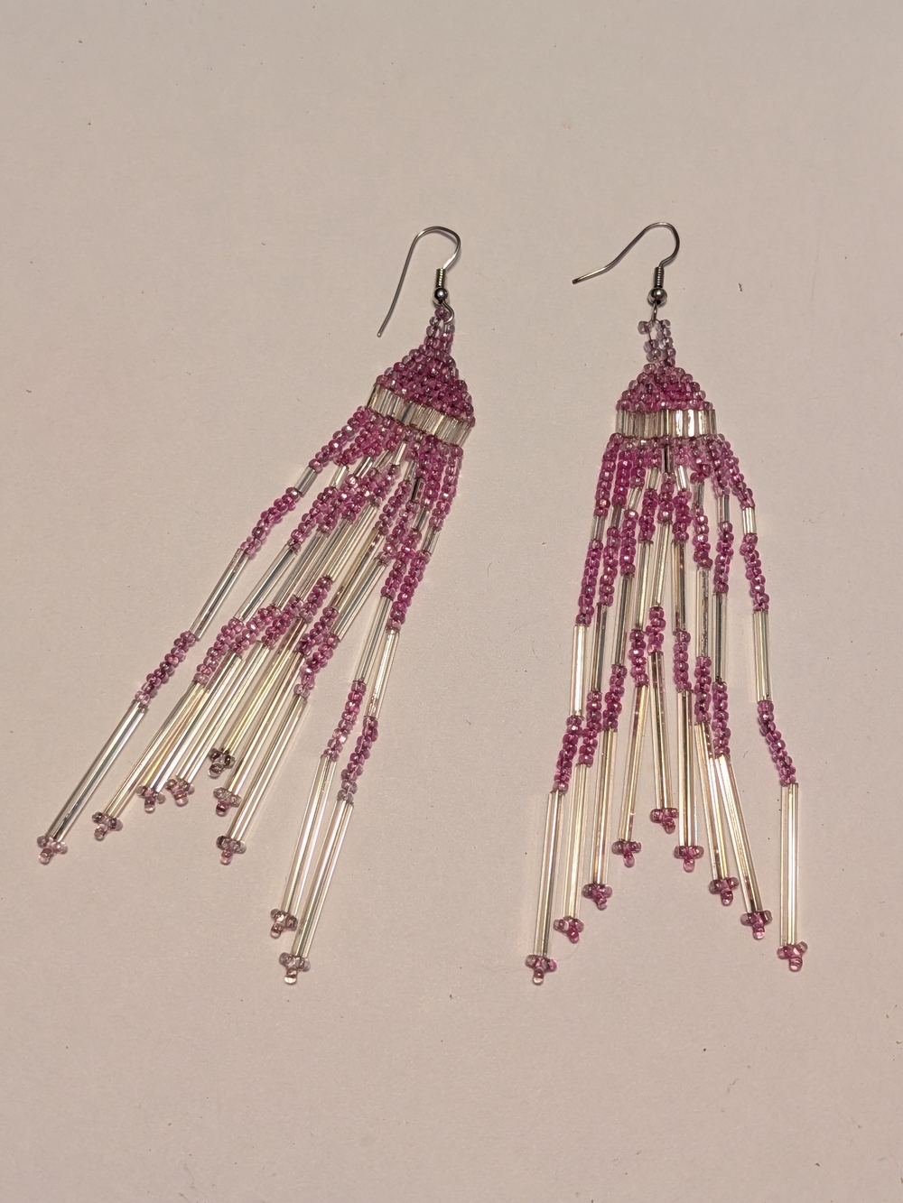 Pink & Silver Beaded Fringe Drop Earrings